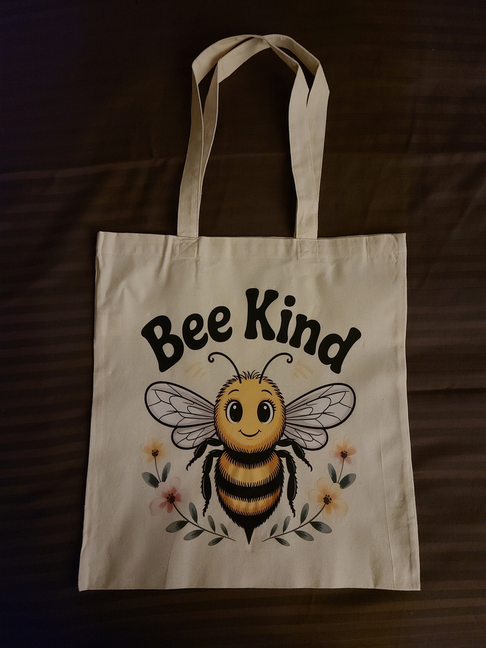 Bee Kind Cream Tote Bag with Cute Bee Graphic
